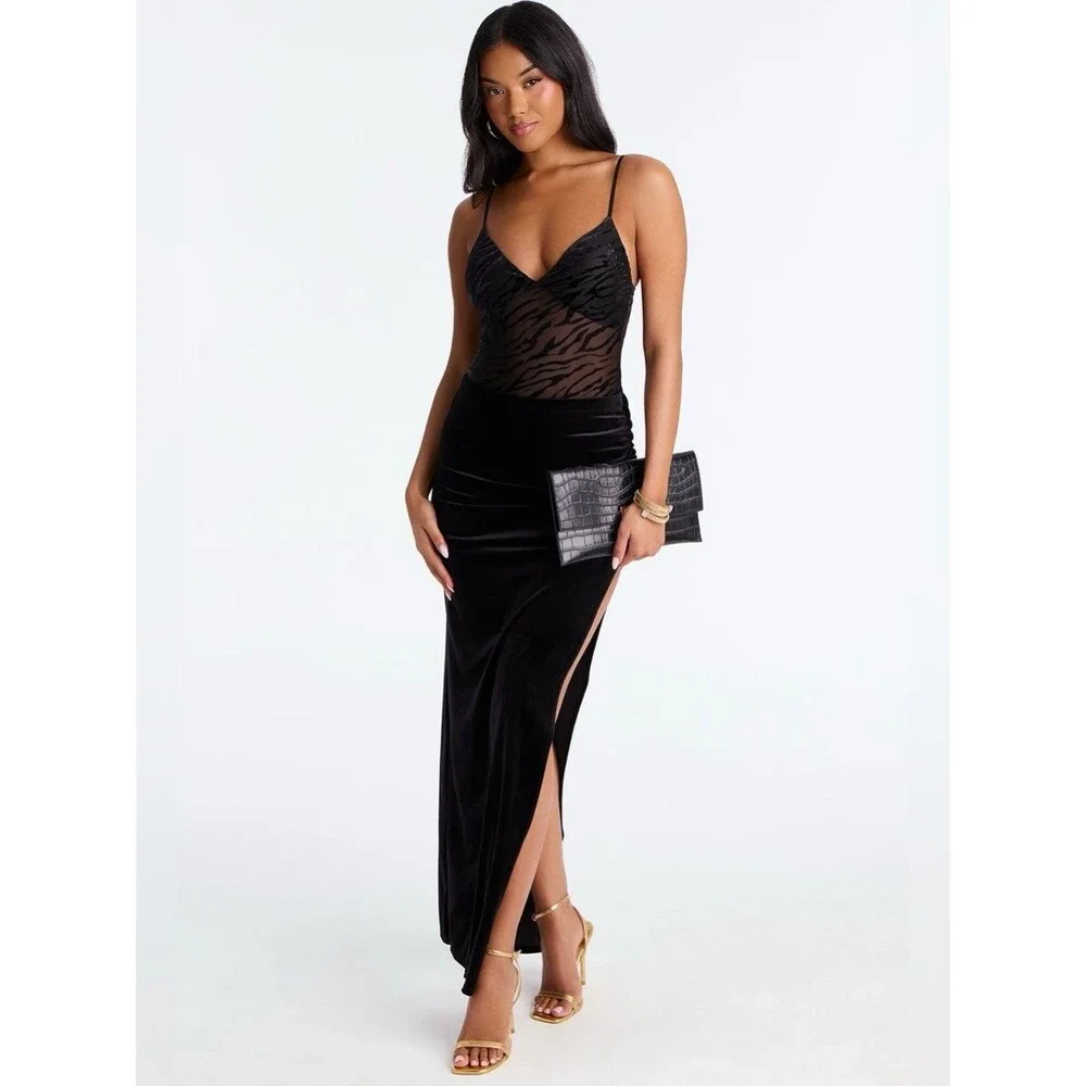 Fashion Nova Black Velvet Maxi Skirt XS S NWT High Slit Ruched High Waist